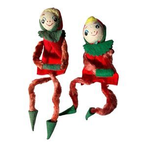 Lot of 2  Vintage Chenille Pipe Cleaner Christmas Bendable Pixie Elf Tie Felt 5"